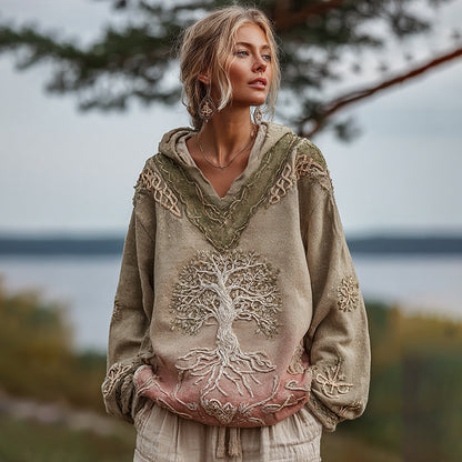 Women's Viking Tree Of Life Celtic Knot Gradient Art Cozy Warm V-neck Hoodie