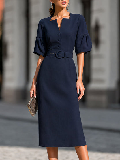 Structured Notch-Neck Button-Front Belted Midi Dress