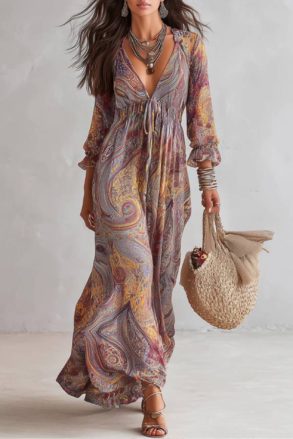 Paisley Print V-neck Gathered Chiffon Maxi Dress