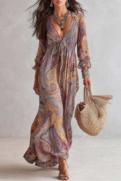 Paisley Print V-neck Gathered Chiffon Maxi Dress