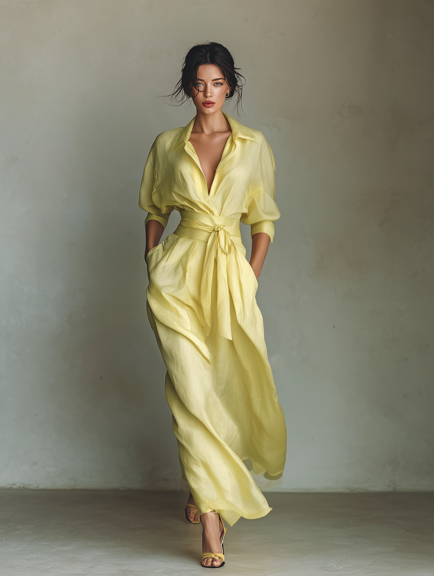 Women's Lemon Yellow Cotton And Linen Blend Maxi Shirt Dress With Tie Waist & Half Sleeves MDZ2884A4T