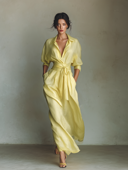 Women's Lemon Yellow Cotton And Linen Blend Maxi Shirt Dress With Tie Waist & Half Sleeves MDZ2884A4T