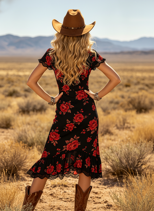 Women's Western Cowboy Cotton Blend Floral Print Western Dress With Lace Trim And Deep V-Neckline