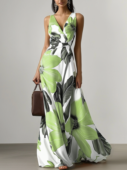 Orange Floral Satin V Neck Sleeveless A-Line Maxi Dress With Pockets