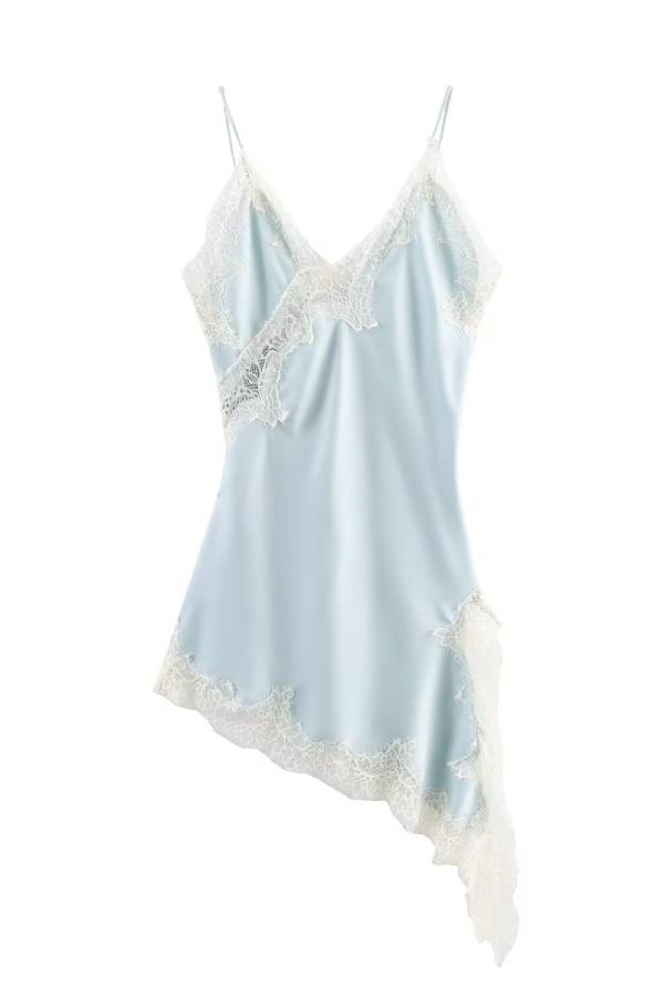 Lace-Paneled Satin Slip Dress with Asymmetrical Hem