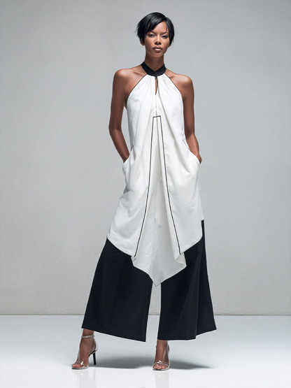 Women’s White Halter Neck Asymmetrical Tunic Top & Black Wide-Leg Pants Two-Piece Set MDZ2764D6T