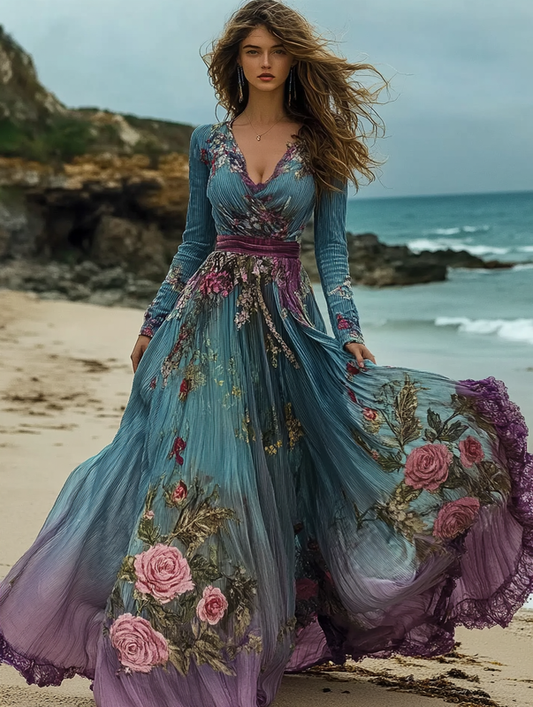 Autumn seaside long-sleeved contrasting retro dress
 baf8