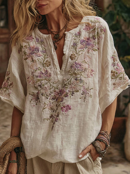 Women's Floral Embroidery Art V Neck Comfy Shirt 3dfb