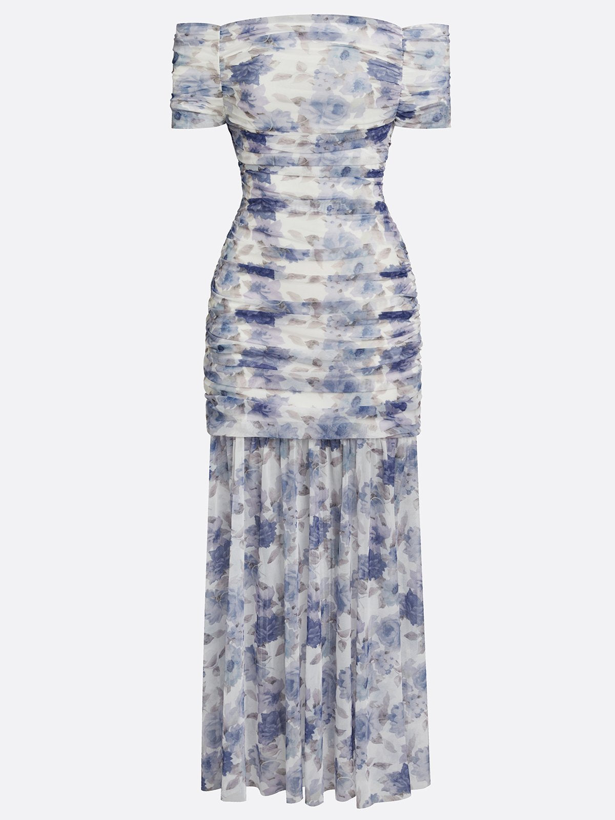 Blue Floral Gathered Tulle Off The Shoulder Short Sleeve Mermaid Floor-length Gown Dress