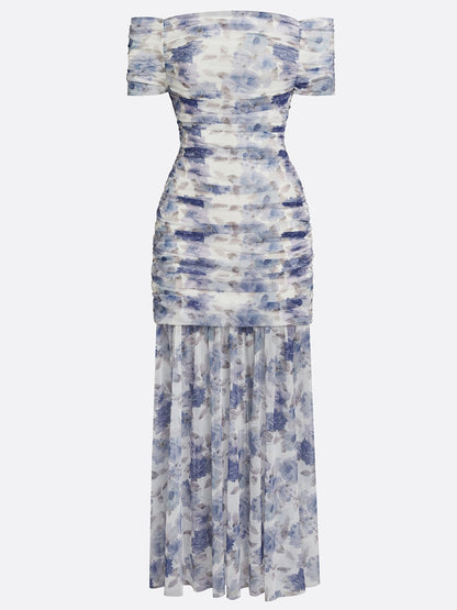 Blue Floral Gathered Tulle Off The Shoulder Short Sleeve Mermaid Floor-length Gown Dress