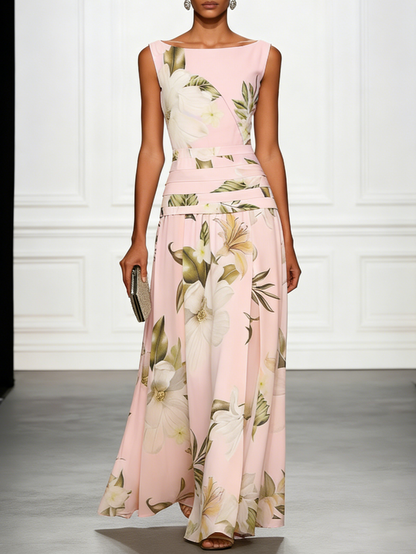 Light Blue Floral Ruched Classic Boat Neck Sleeveless A-Line Floor-length Gown Dress