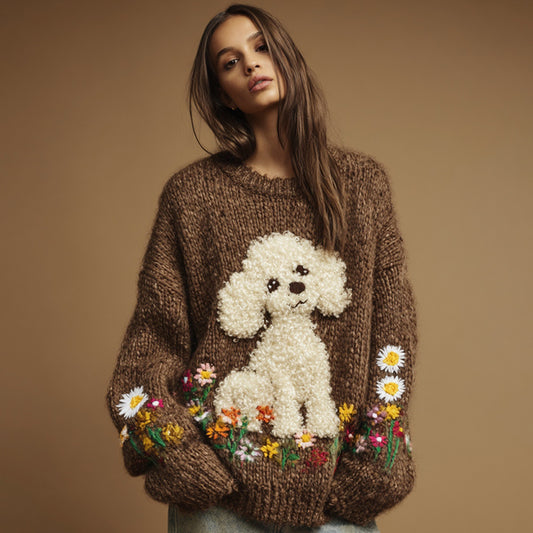 Vintage  Dog Colorful Wildflower Embroidery Crochet Cozy Knit Sweater