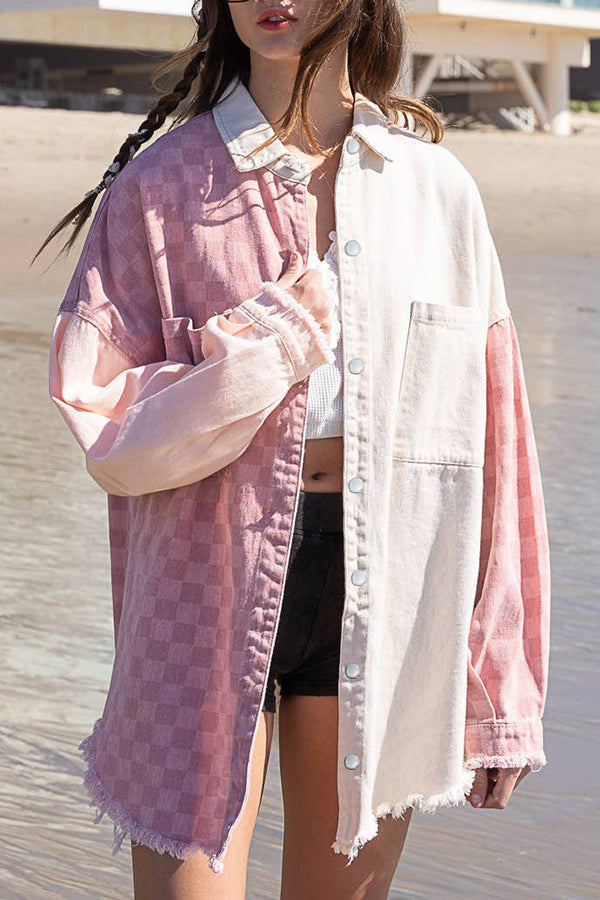Check Panel Fringe Denim Jacket