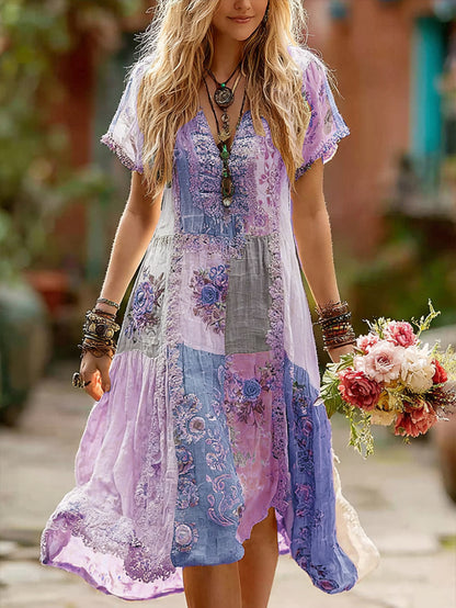 Women's Retro Floral Splicing Cotton And Linen Long Dress eab6