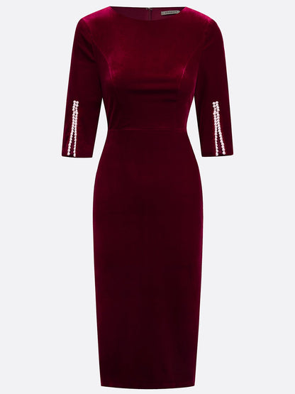 Wine Red Faux Pearl Velvet Boat Neck Half Sleeve Sheath Midi Dress