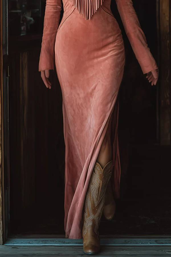 Vintage Western Tassel Embroidered Pink Faux Suede Maxi Dress