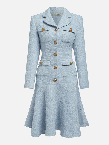 Light Blue Lapel Collar Pocket A-Line Midi Tweed Blazer Dress