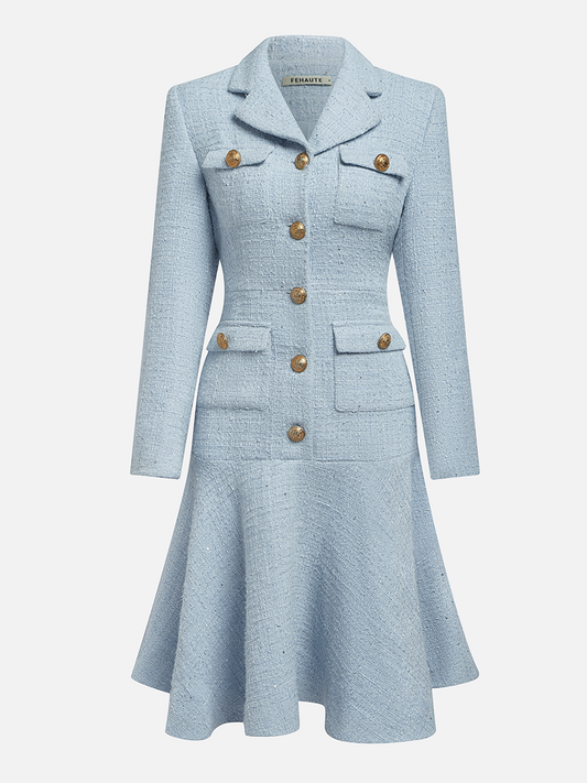 Light Blue Lapel Collar Pocket A-Line Midi Tweed Blazer Dress