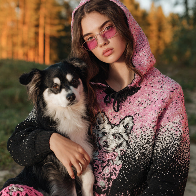 Women's Vintage Dog Embroidered Hooded Sweater