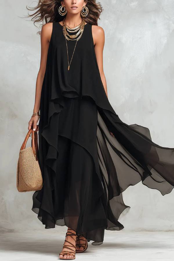 Black Chiffon Layered Round Neck Sleeveless Maxi Dress