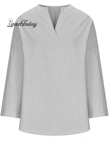 Women's Cotton Long Sleeve Round Neck Solid Color Loose Beach Shirt