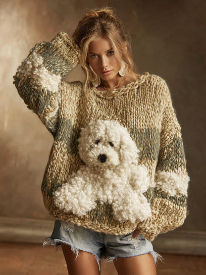 Vintage Bichon Frise Felt In Gradient Art Inspired Embroidered Cozy Knit Sweater