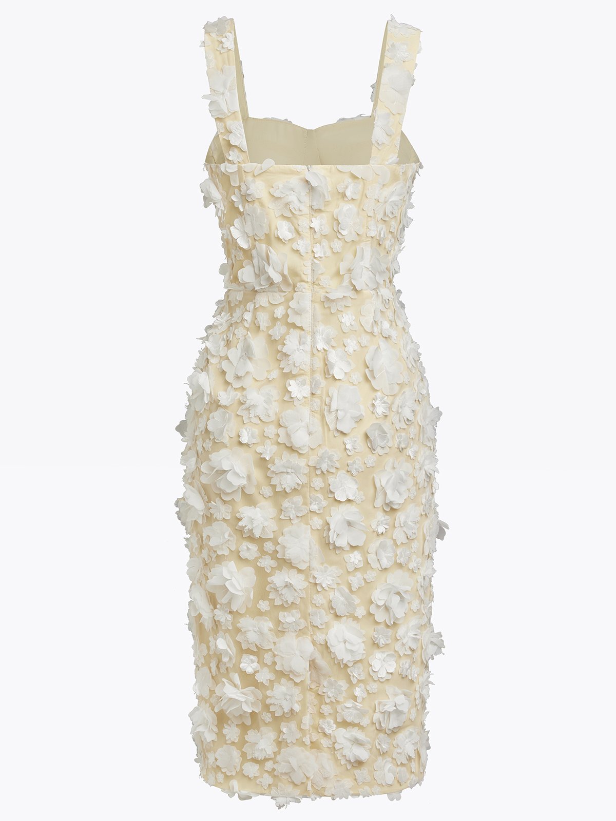 White 3D Floral Classic Square Neck Sleeveless Sheath Midi Dress