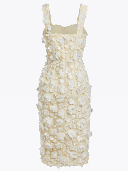 White 3D Floral Classic Square Neck Sleeveless Sheath Midi Dress
