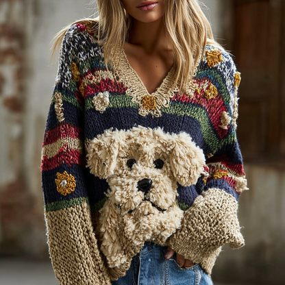 Women's Colorful Striped Plush Dog Pattern Embroidered V-neck Knit Sweater