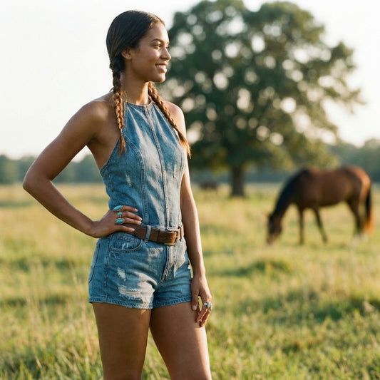 Rodeo Outfits Denim V-neck Halter Jumpsuit, Western-style Women's Jumpsuit Shorts