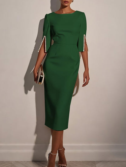 White Faux Pearl Classic Crew Neck Half Sleeve Sheath Midi Dress