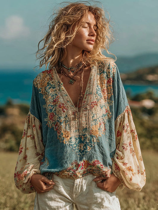 Women's Retro Ethnic Floral Pattern Linen V-neck Shirt