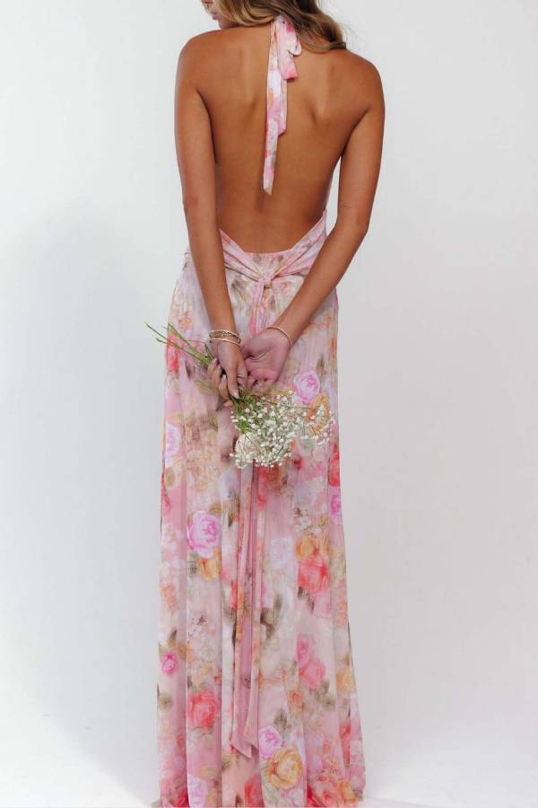 Halter-Neck Deep V Backless Printed Maxi Dress