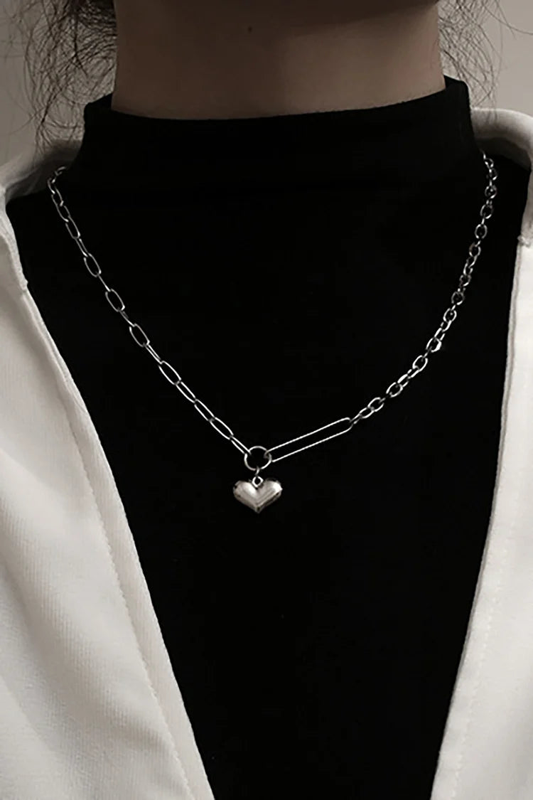 Heart Pendant Alloy Chain Necklace-Silver