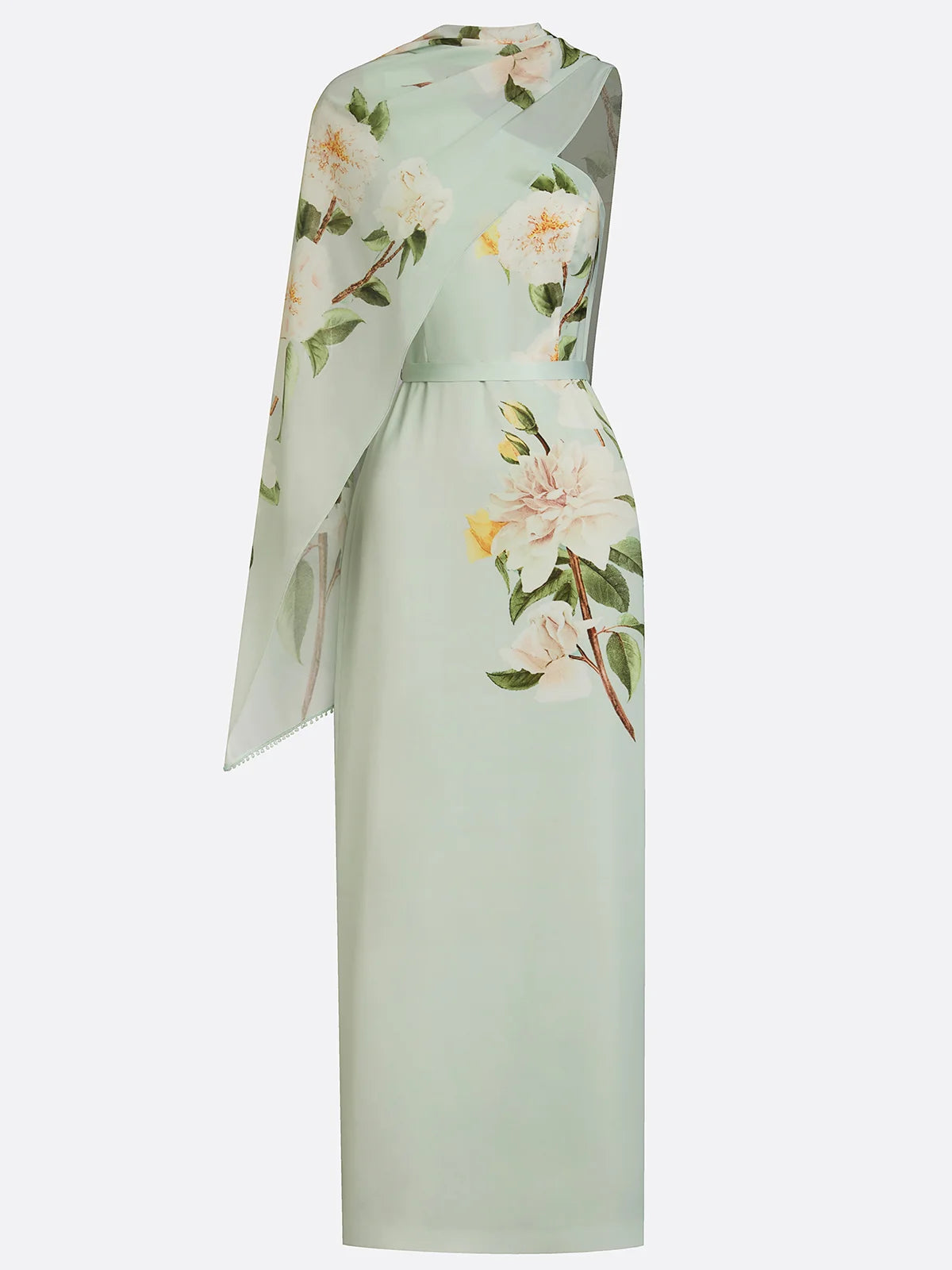 Light Green Floral Classic One Shoulder Sleeveless Sheath Maxi Dress
