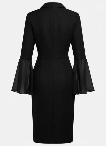 Black Buckle Mesh Tweed Lapel Collar Long Sleeve Bell Sleeve Sheath Midi Dress