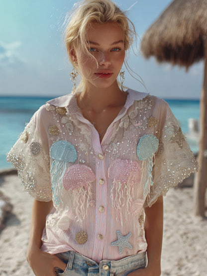 Boh¨¨me Marine Jellyfish Art Leisure Stripes Collar Shirt