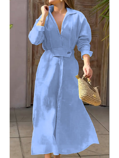 Women's Waisted Linen Cotton Long Sleeve Dress