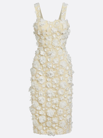 White 3D Floral Classic Square Neck Sleeveless Sheath Midi Dress