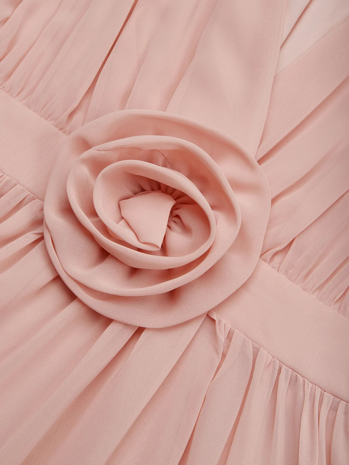 Pink 3D Floral Pleated Chiffon V Neck Sleeveless A-Line Maxi Dress