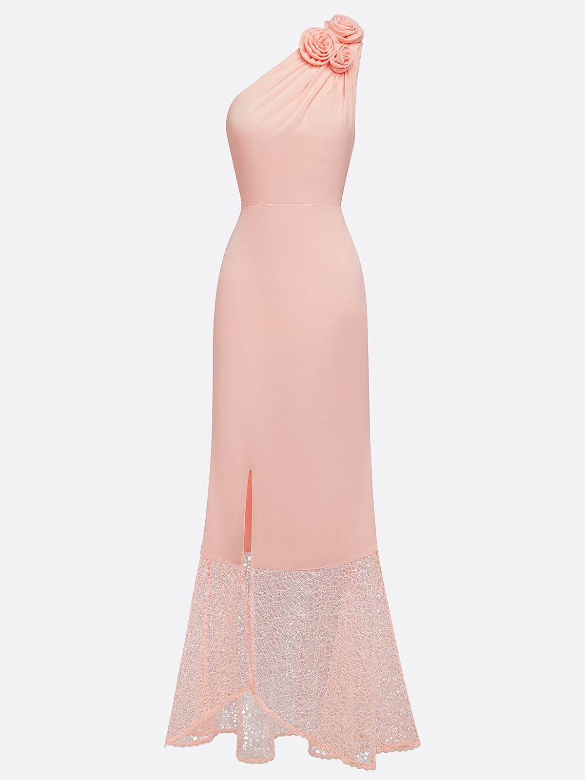 Pink 3D Floral Lace Classic One Shoulder Sleeveless Mermaid Gown Dress