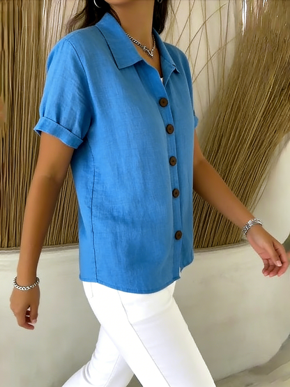Women’s Linen Cotton Cozy Basic Button-Up Shirt – Casual Short Sleeve Summer Blouse