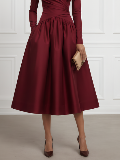 Burgundy Ruched Satin V Neck Long Sleeve A-Line Midi Dress