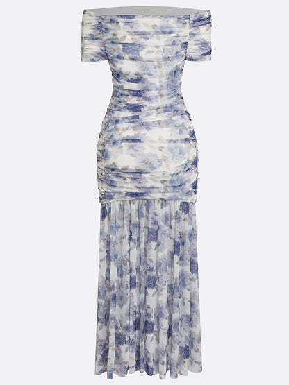 Blue Floral Gathered Tulle Off The Shoulder Short Sleeve Mermaid Floor-length Gown Dress