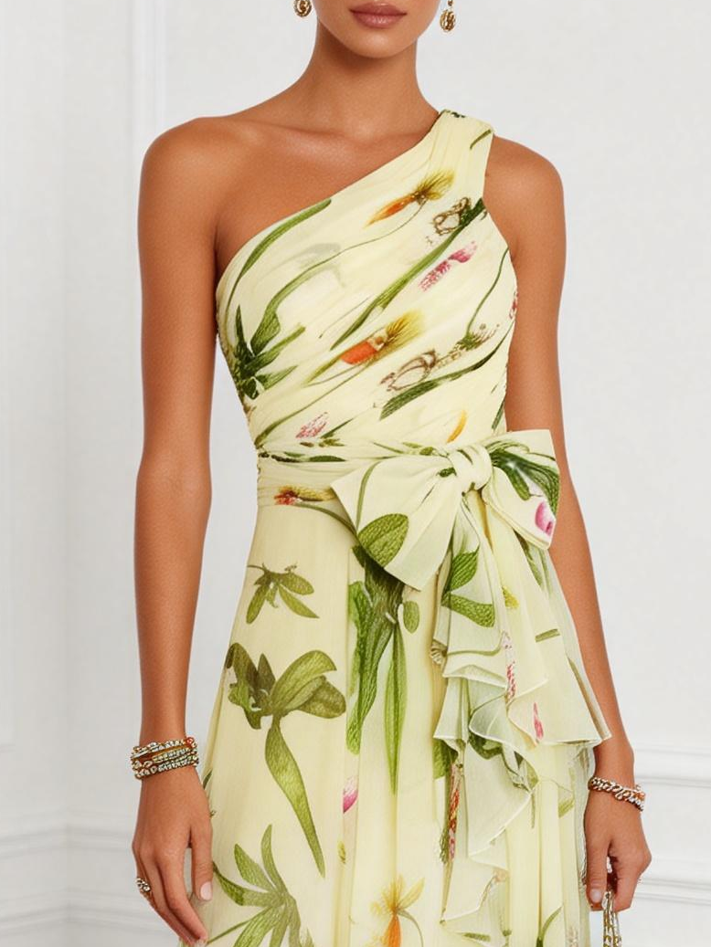 Yellow Floral Bow Chiffon One Shoulder Sleeveless A-Line Maxi Dress
