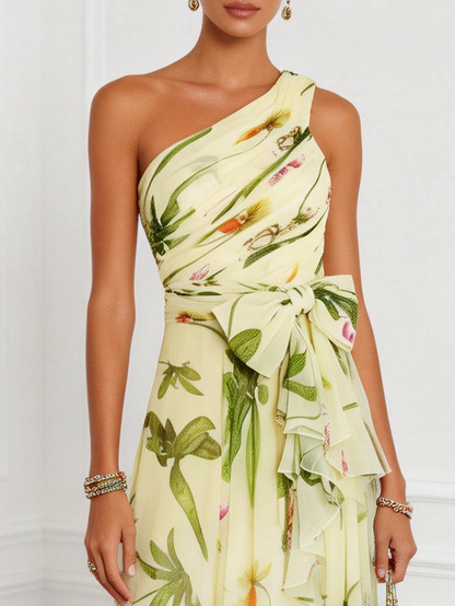 Yellow Floral Bow Chiffon One Shoulder Sleeveless A-Line Maxi Dress