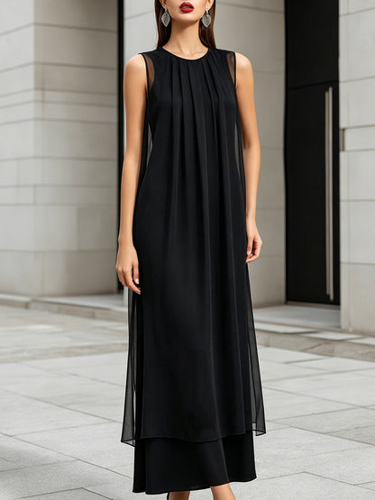 Layered Sheer Panel Pleated Sleeveless Midi Dress