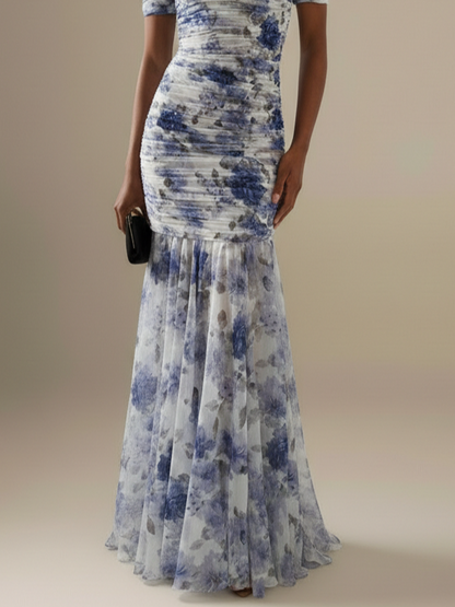 Blue Floral Gathered Tulle Off The Shoulder Short Sleeve Mermaid Floor-length Gown Dress