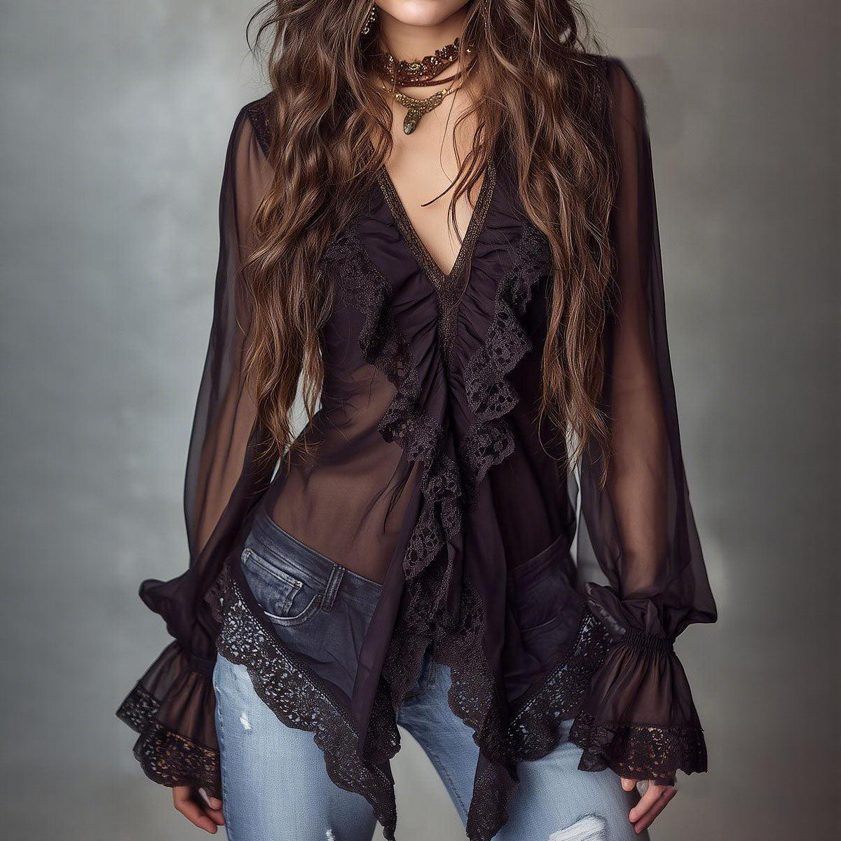 Sheer Chiffon Lace V-Neck Long Sleeve Blouse For Women Boho Style Loose Fit Top With Ruffles And Frills