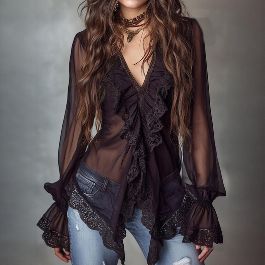 Sheer Chiffon Lace V-Neck Long Sleeve Blouse For Women Boho Style Loose Fit Top With Ruffles And Frills